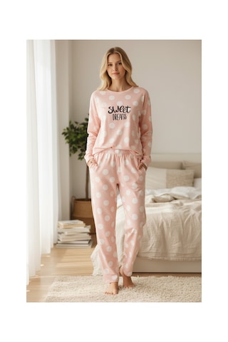 Feg Store Termal Uzun Kollu Cepli Toz Pembe Kadın Pijama Takımı