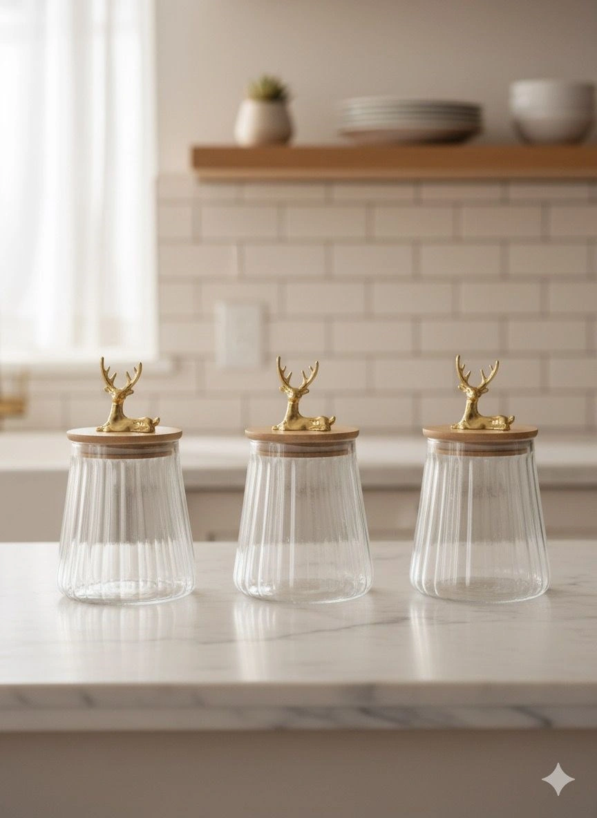 Qerhome Borosilikat Cam Geyik Figürlü Şık Çizgili Chef Prime Cam Kavanoz Mutfak Seti 3 Adet 750 Ml Şeffaf