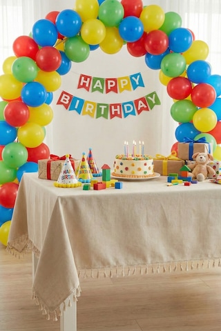 Keten Püsküllü Organizasyon Keten Masa Örtüsü Baby Shower, Doğum Günü, Nişan İçin Bohem Vintage Örtü Bej