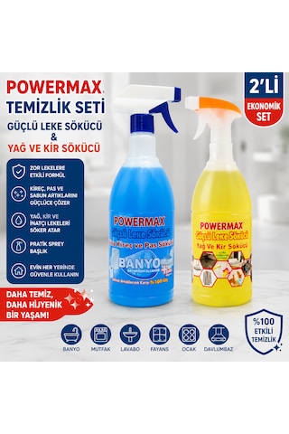 Powermax 2'li Güçlü Temizlik Seti 1000 Ml X 2 Banyo Kireç & Pas Sökücü + Yağ Ve Kir Sökücü Sprey Toplam 2000 Ml Powermax 2'li Güçlü Temizlik Seti 1000 Ml X 2 Banyo Kireç & Pas Sökücü + Yağ Ve Kir Sökücü Sprey Toplam 2000 Ml