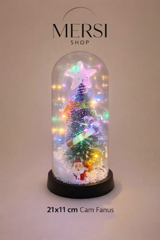 Yılbaşı Temalı Işıklı Cam Fanus Noel Ağacı Dekoru 21x11 Cm 01