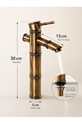 Lüx Premium Eskitme Detaylı Çanak Lavabo Bataryası Bakır
