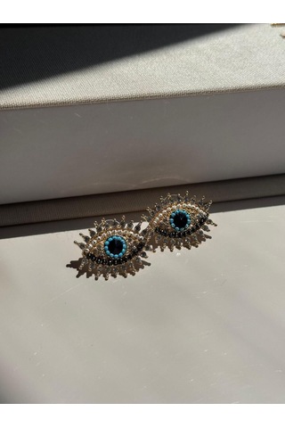 Göz Figürlü Nazar Boncuğu Detaylı Taşlı Küpe Altın Renk Kadın Çelik Takı Altın