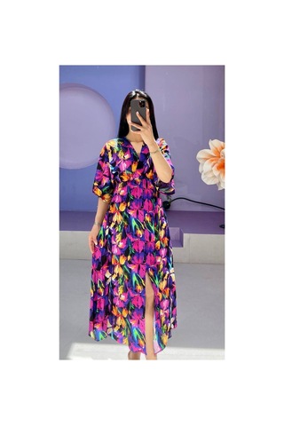 Moda Banuş Karışık Desenli Mor- Pembe Yırtmaçlı Elbise 3154
