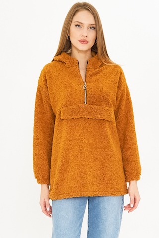 Armonika Kadın Camel Kapüşonlu Cep Kapaklı Peluş Sweatshirt Arm-25k001090