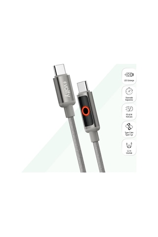 Type C Hızlı Şarj Kablosu Type-c To Type-c, 60w, 480 Mbps, 1.2m, Pd, Örgü, Led Işık Gri