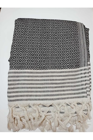 Koltuk Çekyat Örtüsü Krem Siyah Pamuklu Naturel Kolları Kaplayan Püsküllü Büyük Boy 180 X 300 Çok Renkli
