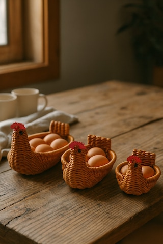 Tavuk Şeklinde Sepet 3 Lü Set Hasır Yumurtalık, Ekmek Ve Dekoratif Saklama Sepeti Turuncu