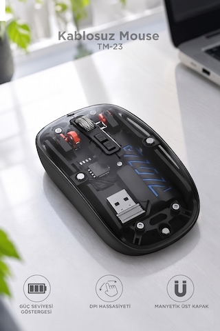Şeffaf Çift Modlu Fare Bluetooth 5.2 + 2.4g Kablosuz Mouse Tm23 Siyah -