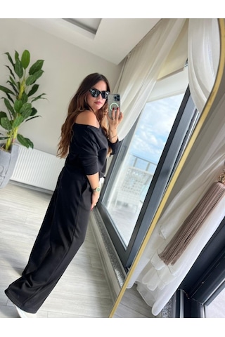 Ahes Shopping Kadın Uzun Kollu Tek Omuzdan Açık Modal Bluz Ve Pantolon Ikili Takım Siyah