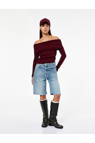 Koton Uzun Kollu Omzu Açık Slim Fit Triko Kazak Bordo 6wal90173ht Bordo