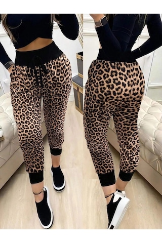 Zennamoda Kadın Yüksek Bel Bağcıklı Desenli Iki Iplik Pantolon Leopar