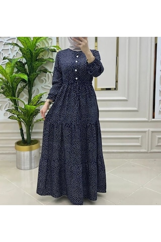 Ayşo Clothes Kadın Puantiyeli Lacivert Renk Viskon Kumaş Ön Düğmeli Ayarlanabilir Kuşaklı Tesettür Elbise Lacivert