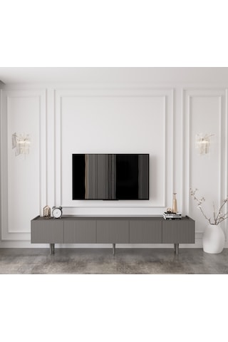 Capella Gri Mdf Country 5 Kapak Ahşap Ayaklı 200 Cm Tv Ünitesi