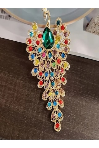Renkli Taşlı Tavuskuşu Broş Çok Renkli