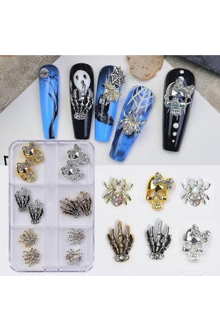 3d Cadılar Bayramı Tırnak Sanatı Takıları Kafatası Örümcek Ve Yapay Elmas Alaşımlı Tırnak Takıları