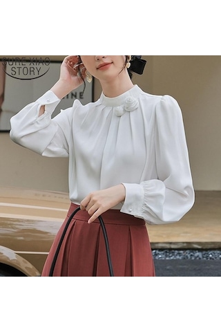 Zarif Ofis Kadın Çiçek Dekorasyon Saten Bluz Şifon Gömlek Kadın Üstleri Sonbahar Standı Yaka Uzun Kollu Elbise 23174 Beyaz