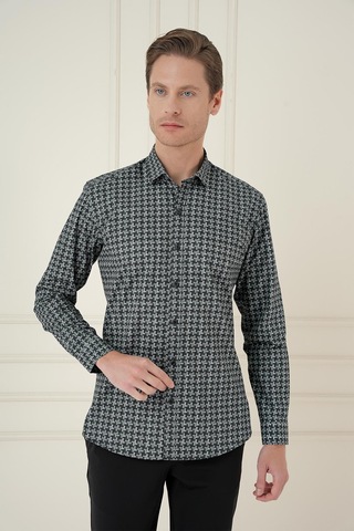 Efor Slim Fit Kazayağı Desenli %100 Pamuk Casual Gri Gömlek G 1585 Gri