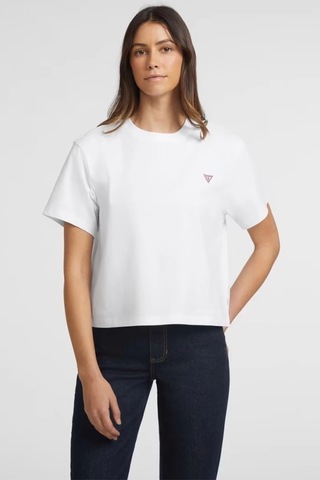 Guess Kadın Boxy Mini Üçgen Logolu T-shirt Beyaz