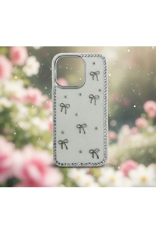 Apple Uyumlu iPhone 15 Fiyonk Figürlü Simli İnci Taşlı Lüx Silikon Kılıf Gri