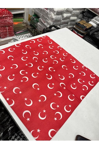 Ay Yıldız Kırmızı Türk Bayrağı Temalı Pamuk Kumaş Fular50x50 Kırmızı Gül