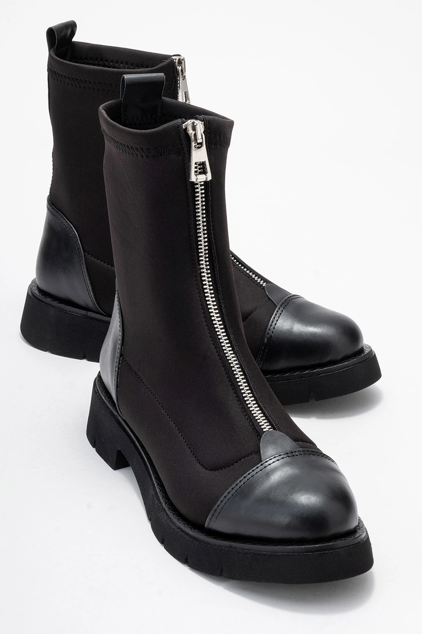 Luvishoes Luvi Shoes Martos Siyah Cilt Streç Önden Fermuarlı Kadın Bot Siyah Streç