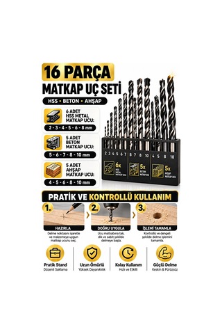 Matkap Ucu Seti 16 Parça Hss Beton Ahşap Delme