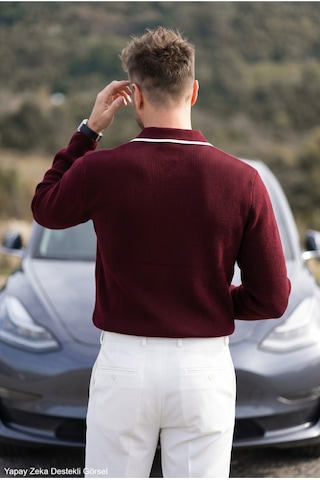 Kamalı Erkek Oversize Selanik Örgü Polo Yaka Triko Kazak Bordo