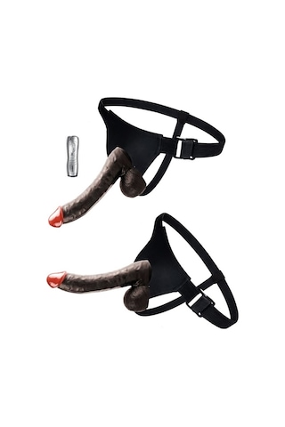 Erofoni Yeni Nesil Süper Realistik Titreşimli 23 CM Belden Bağlamalı Siyah Zenci Strapon Takma Vibratör Penis