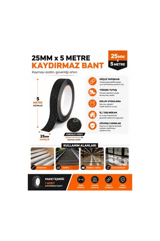 25mm X 5 Metre Siyah Kaydırmaz Bant Güçlü Yapışkanlı Merdiven, Rampa Ve Islak Zemin Güvenlik Bandı