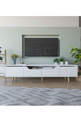 Roma Ahşap Ayaklı Tv Ünitesi Tv Sehpası Beyaz