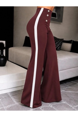 Zennamoda Kadın Yüksel Bel Düğmeli Yandan Şerit Detaylı Paçaya Doğru Genişleyen Ithal Krep Pantolon Pembe