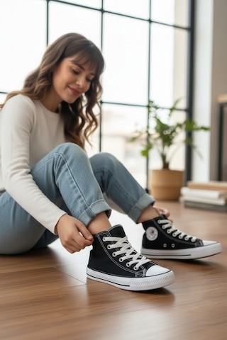 Enoch Kadın Boğazlı Bilekli Canvas Ve Bez Bağcıklı Rahat Günlük Sneaker Spor Ayakkabı Siyah Beyaz