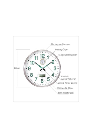 Basınç Isı Sıcaklık Ölçerli Tarih Göstergeli Fosforlu Duvar Saati Gümüş - Beyaz