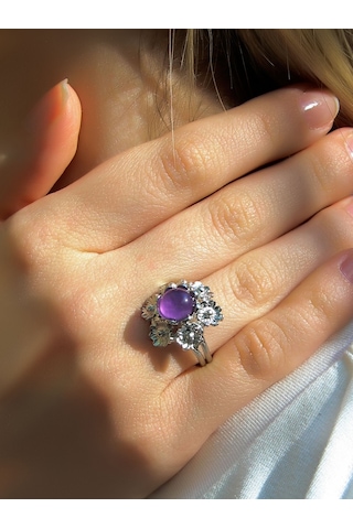 Esha Store Doğal Taş Ametist Doğal Taşlı Çiçek Model Telkari Kadın Ayarlanabilir Gümüş Kaplama Yüzük Euy61amtr MOR