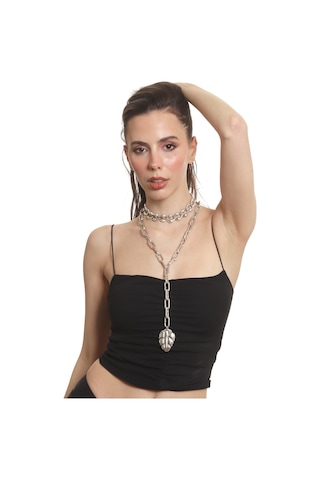 Labalaba Kadın Antik Gümüş Kaplama 2' Li Yaprak Uçlu Tasarım Kolye& Choker Gümüş