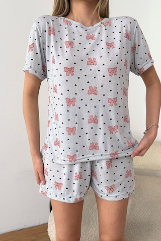 Giysa Kadın Bisiklet Yaka Fiyonk Desenli Şortlu Pijama Takımı Gri - 26y 2054