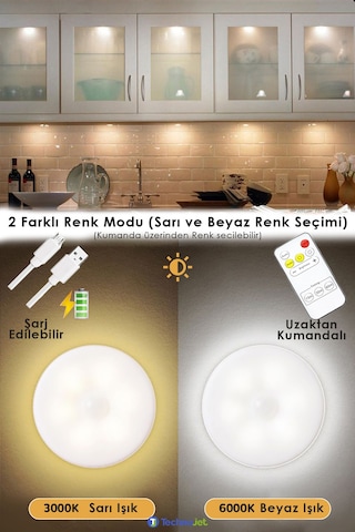 Technojet 3 Adet Akıllı Hareket Sensörlü Uzaktan Kumandalı USB Şarjlı Kablosuz Spot Led Gece Lambası