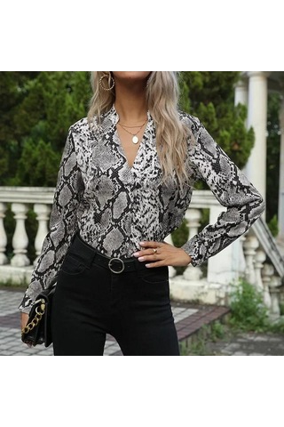 Baskı Yılan Vintage Kadın Uzun Kollu Gömlek İlkbahar Ve Sonbahar Moda Rahat Kadın Bluz Ofis V Yaka Kadın Gömlekleri Üst Giyim 22096 Gri