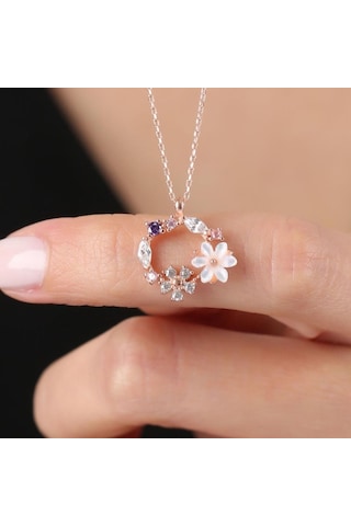 Mia vento Bahar Bahçesi Manolya Çiçeği Rose Renk Flowers Gümüş Kolye