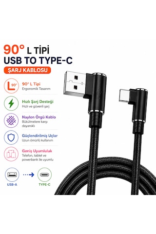 90 L Tipi Usb To Type-c Şarj Kablosu Kırılmaya Karşı Dayanıklı Diğer