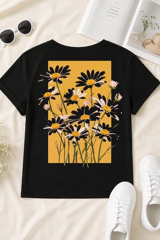 Spoyi Altın Bahar Tasarımlı %100 Pamuk Yarım Oversize Siyah T-shirt