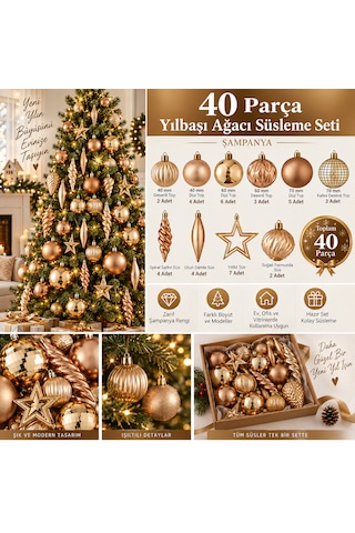 40 Parça Şampanya Yılbaşı Ağacı Süsleme Seti Zarif Top, Yıldız, Damla Ve Dekoratif Süsler 3 CM