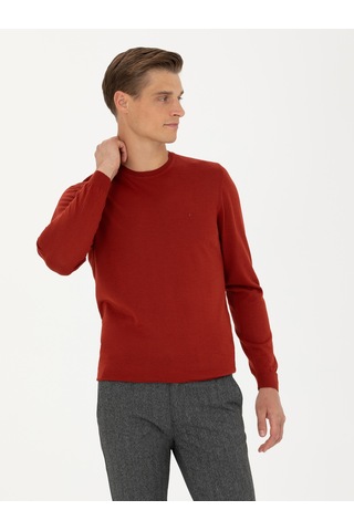 Cacharel Koyu Kiremit Slim Fit Bisiklet Yaka Triko Kazak Kırmızı