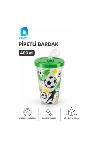 Desenli Pipetli Bardak 400 Ml Kapaklı Plastik İçecek Bardağı Çok Renkli