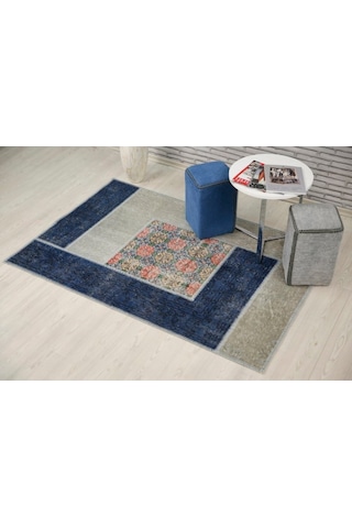 Patchwork El Dokuma Antik Anadolu Halısı Blue Window Mavi