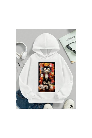 Stil X Sevimli Kediler Baskılı Kapüşonlu Çocuk Sweatshırt Beyaz-5