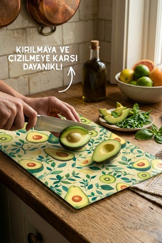 Avokado Desenli Cam Kesim Tahtası - 25x35cm -dayanıklı Ve Pratik Kesim Matı Yeşil