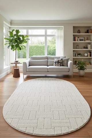 Salon Halısı Krem Kaymaz Taban Yumuşak Oval