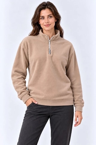 Tarzyeri Kadın Polar Dik Yaka Yarım Fermuarlı Uzun Kollu Regular Fit Kışlık Sweatshirt - Bej